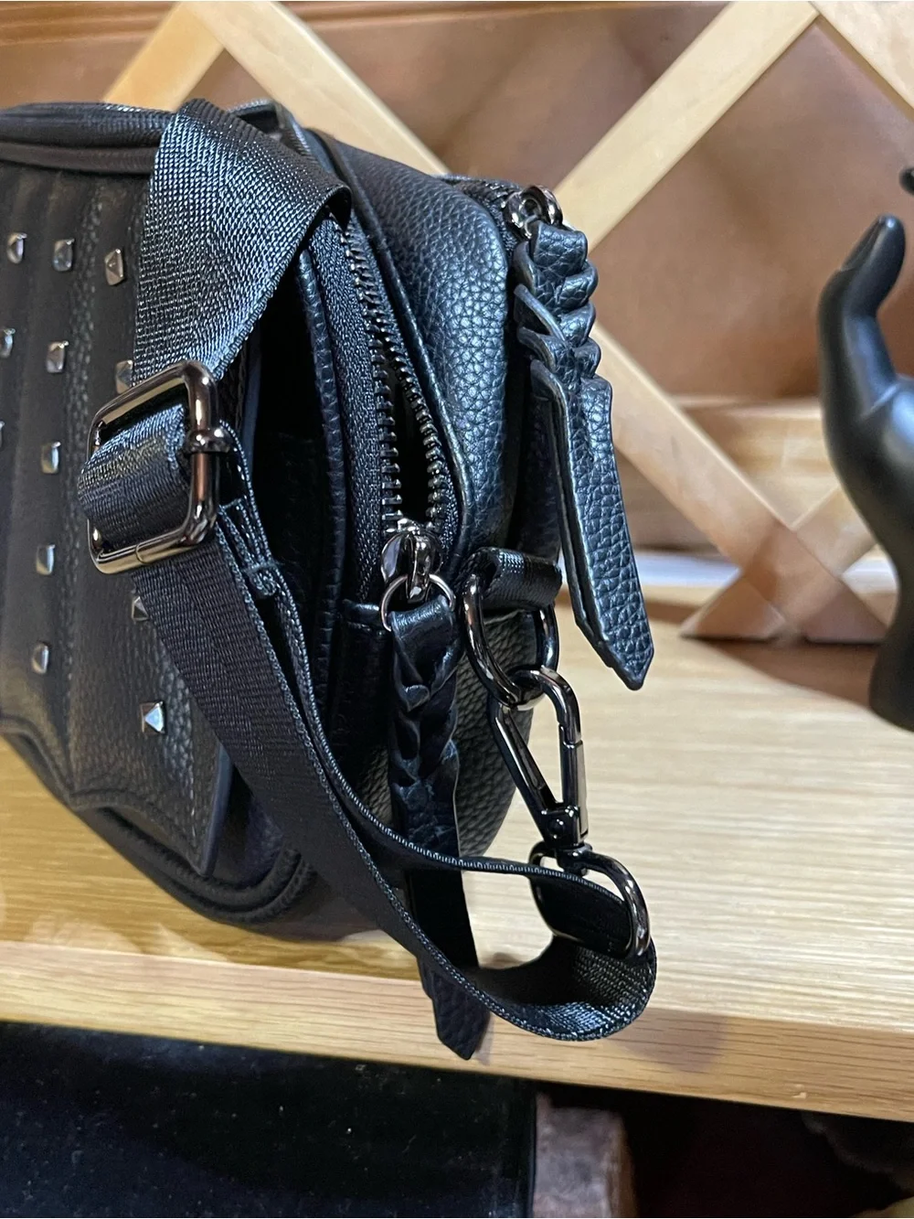RadRev Edgy Crossbody in Black / Studded Batwing Scalloped Magnetic Flap